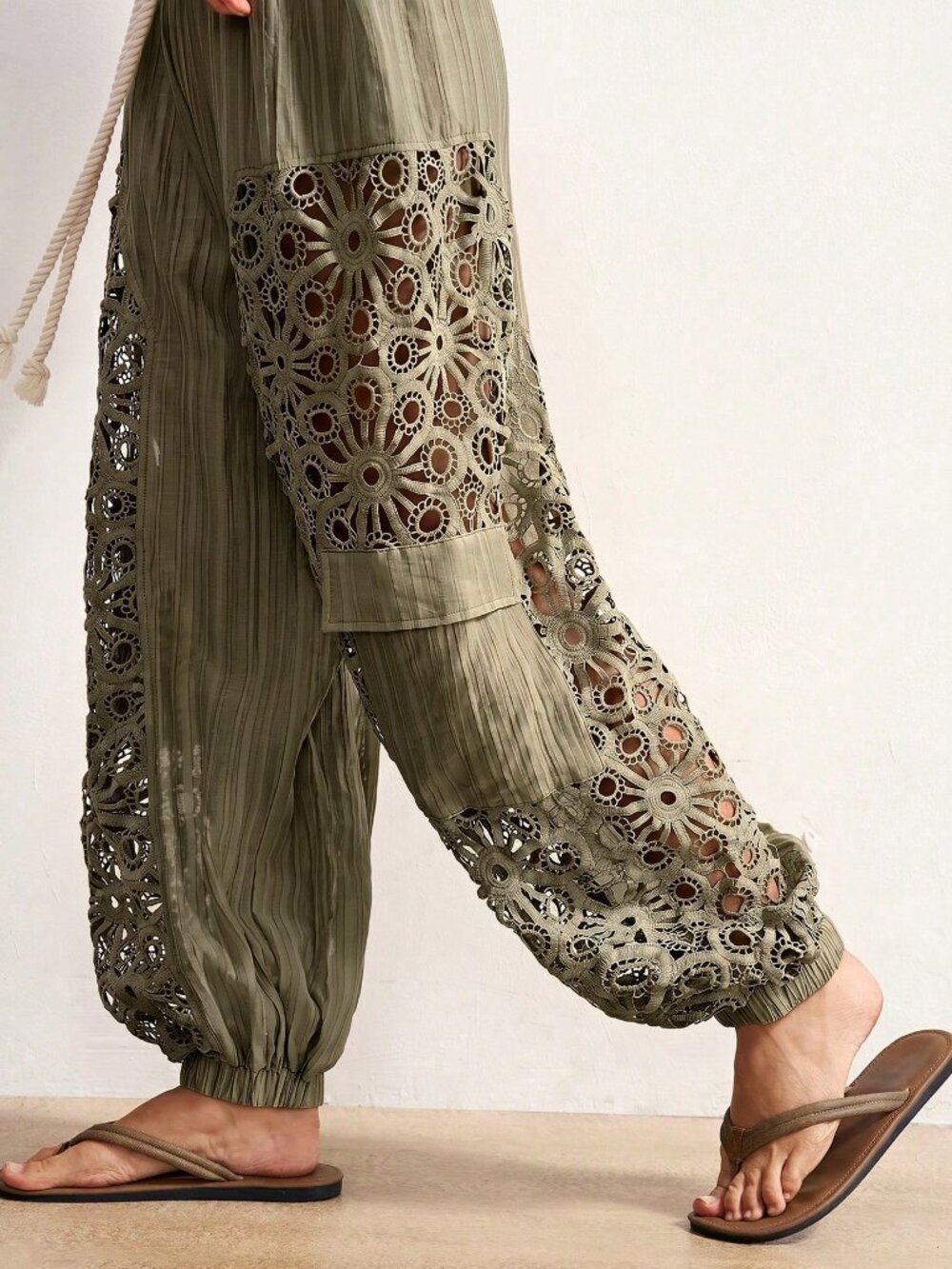 Women's Casual Boho Woven Patchwork Loose Fit Long Pants Vacation - Picture 3 of 8